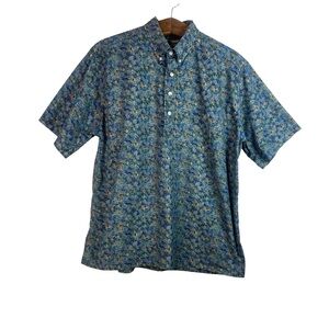 Hilo Hattie Mens Blue Gold Floral Hawaiian 1/4 Button Down Shirt Size XL Beach